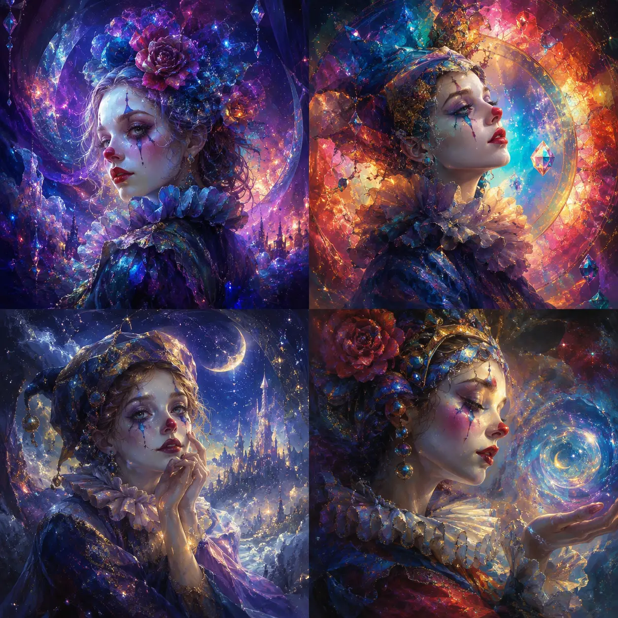 Mystical female clown with glowing colorful abstract background