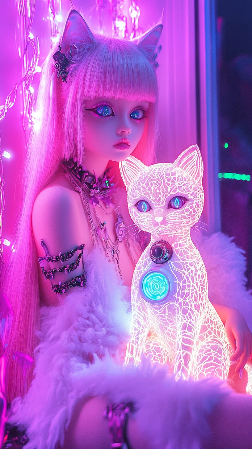 Surreal cat and gothic doll in a glowing garden