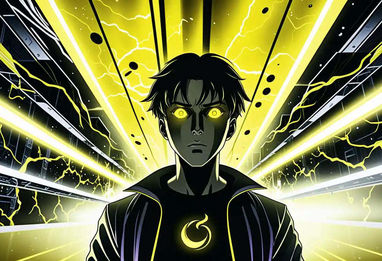 Massive crowd of glowing eyed boys in sci fi hall