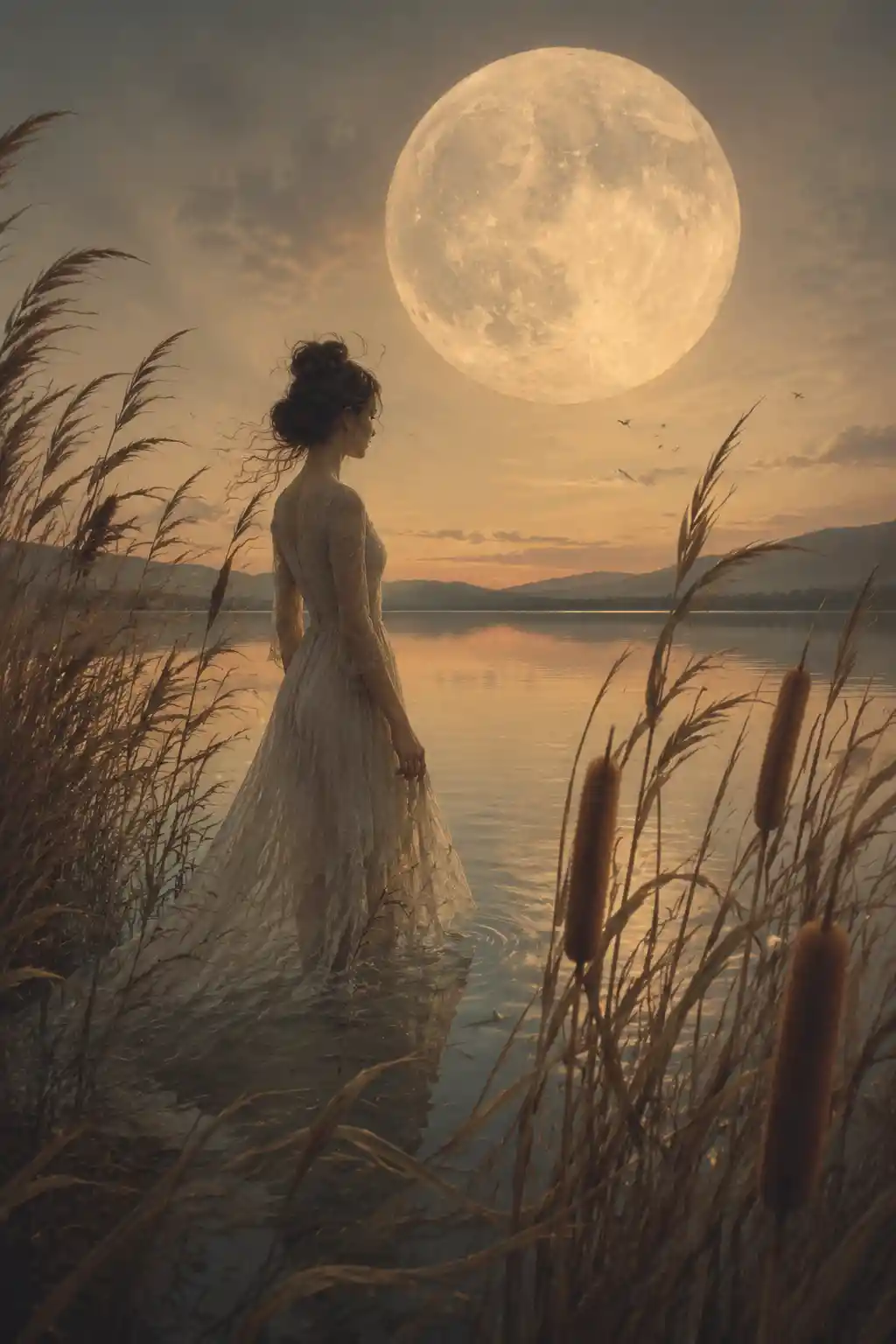 Ethereal woman walking into a moonlit lake at dusk