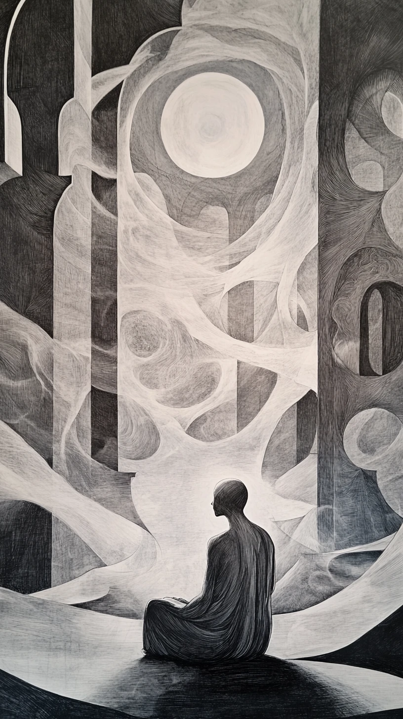 Kneeling figure in a surreal sacred meditative space