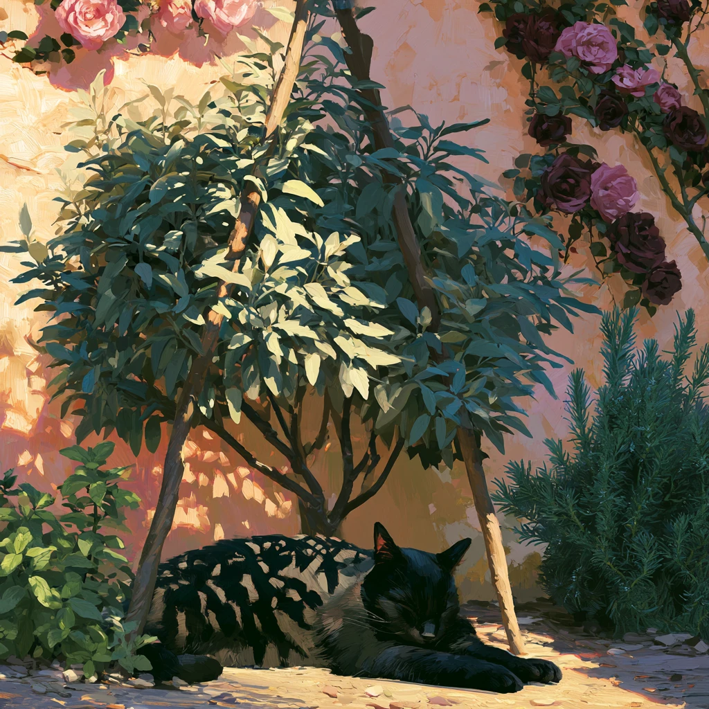 Sleeping black cat beneath a sunlit garden sage bush