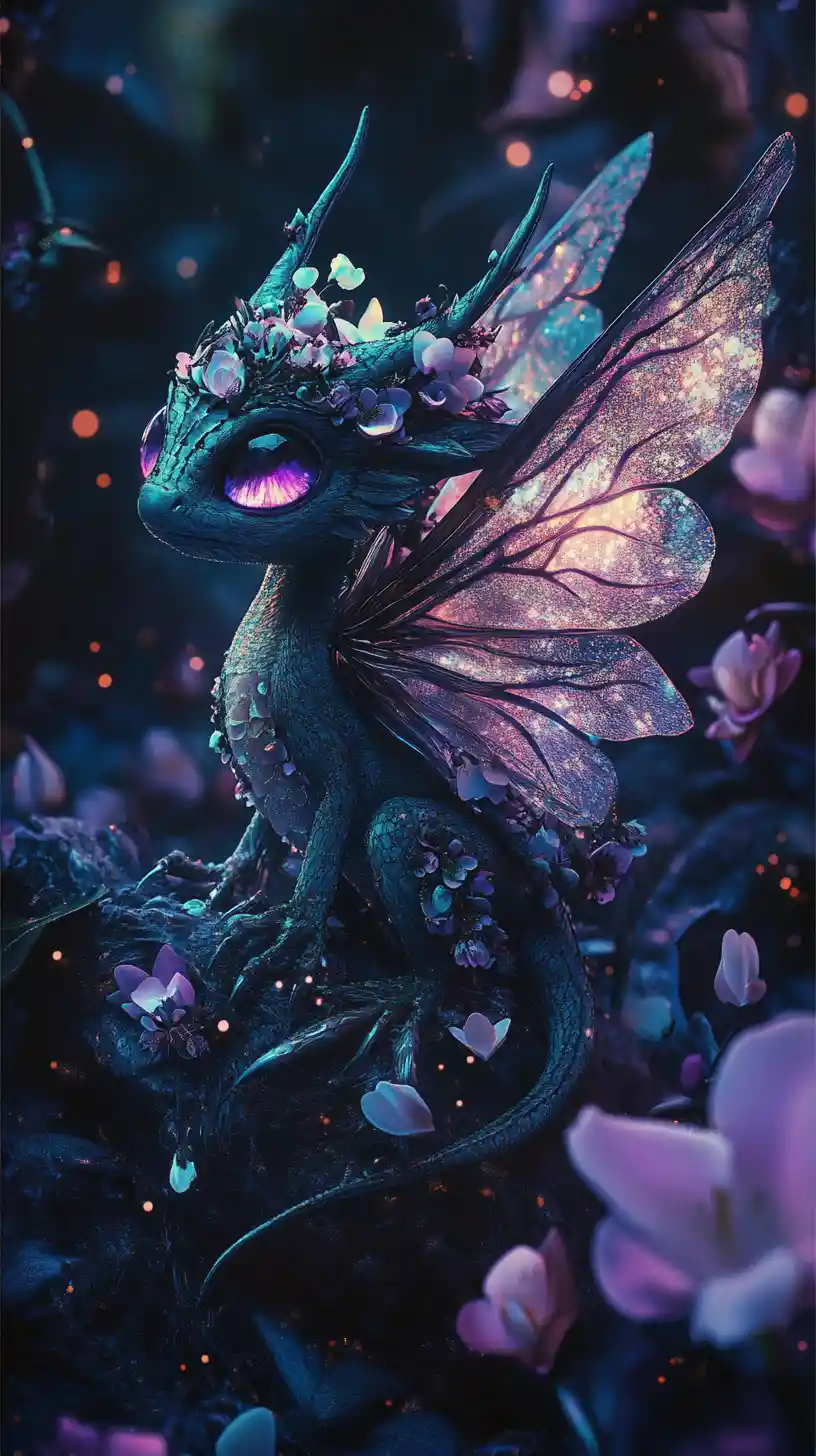 Tiny moth winged dragon in glowing night forest