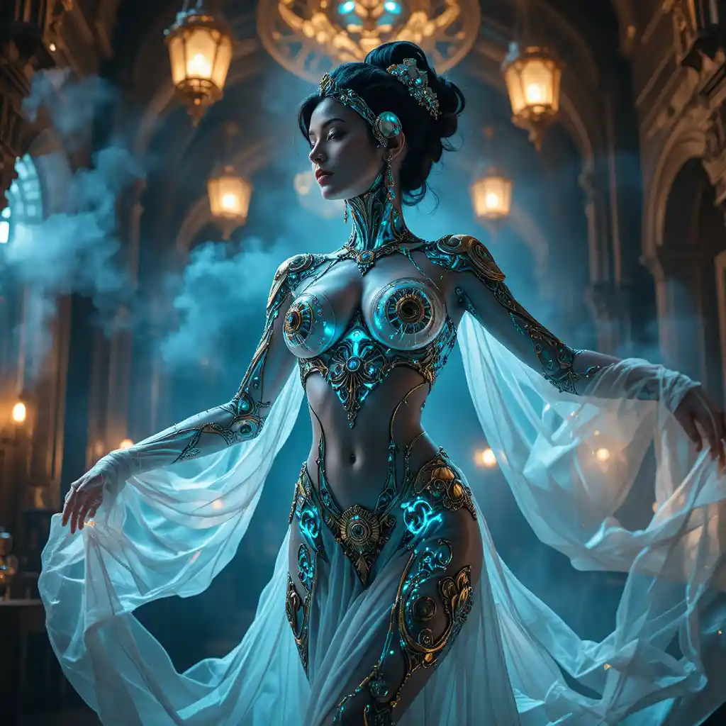 Futuristic gynoid belly dancer in a neo moroccan lounge