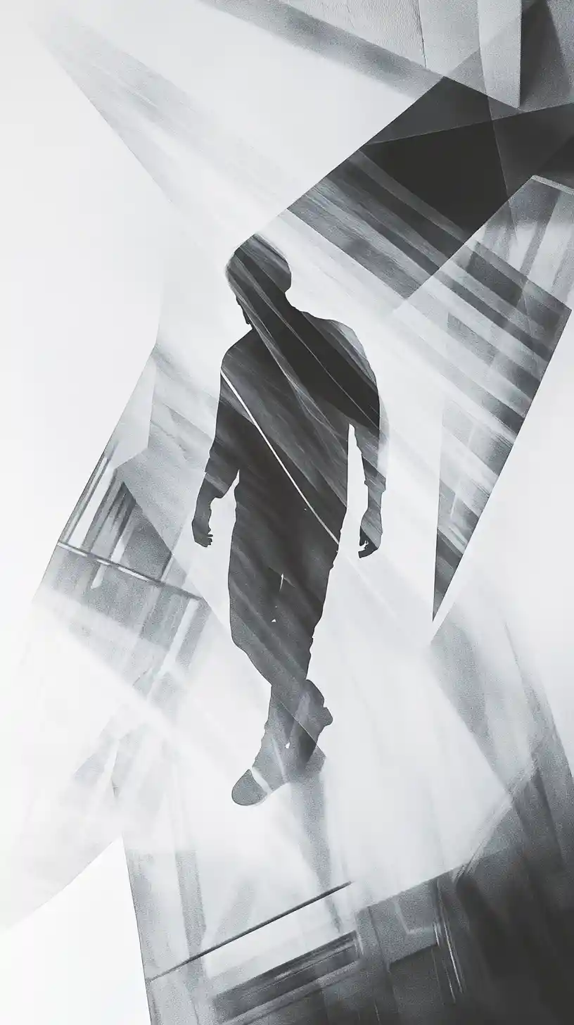Figure Falling Through Layered Internal Architectural Space