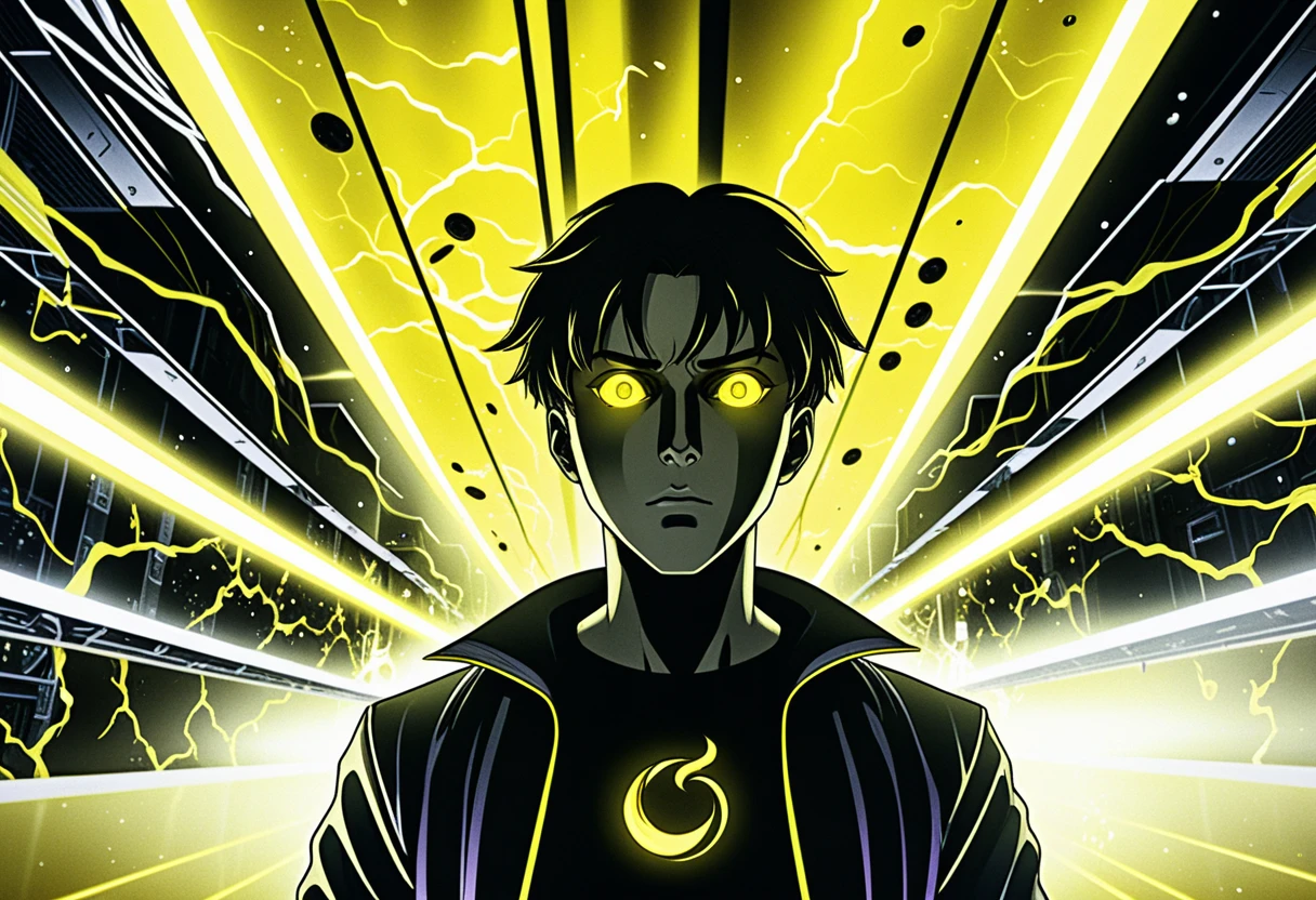 Massive crowd of glowing eyed boys in sci fi hall