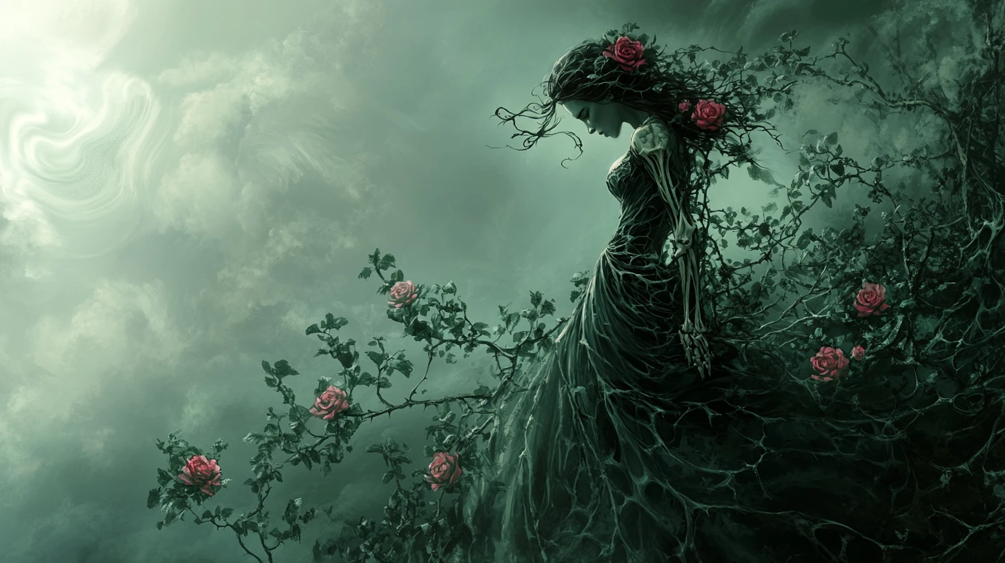 Statuesque woman entwined with roses and thorned vines