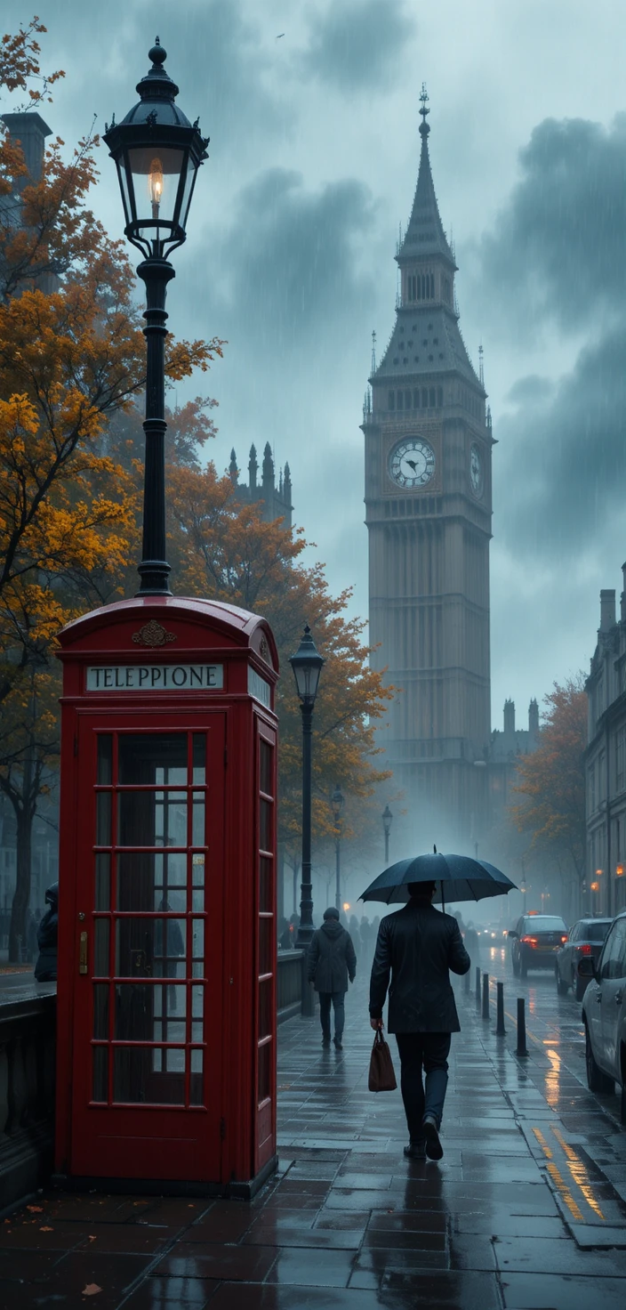 Moody Rainy London Street With Big Ben In Mist