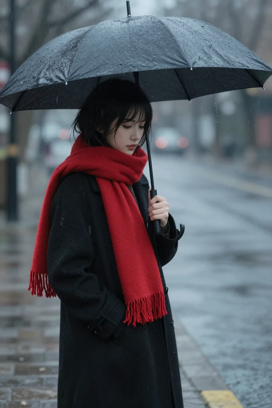 Man In Black Coat With Red Scarf In Rainy Street