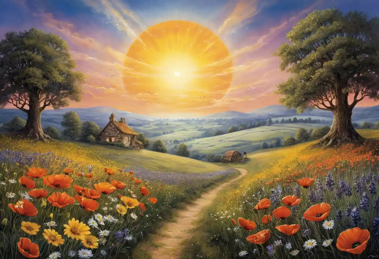 Golden sunrise over a blooming summer wildflower field