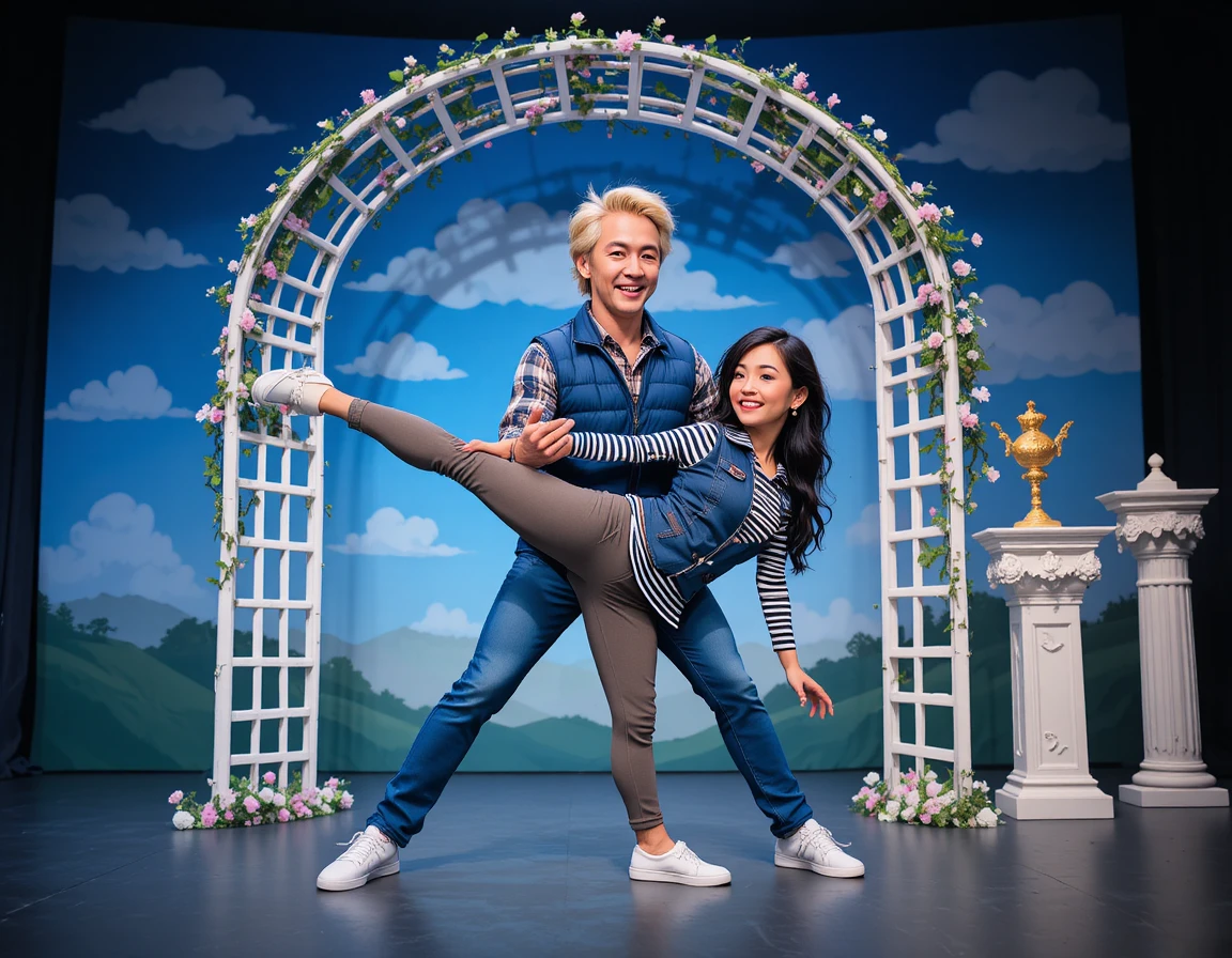 Man balancing a woman in a playful stage performance