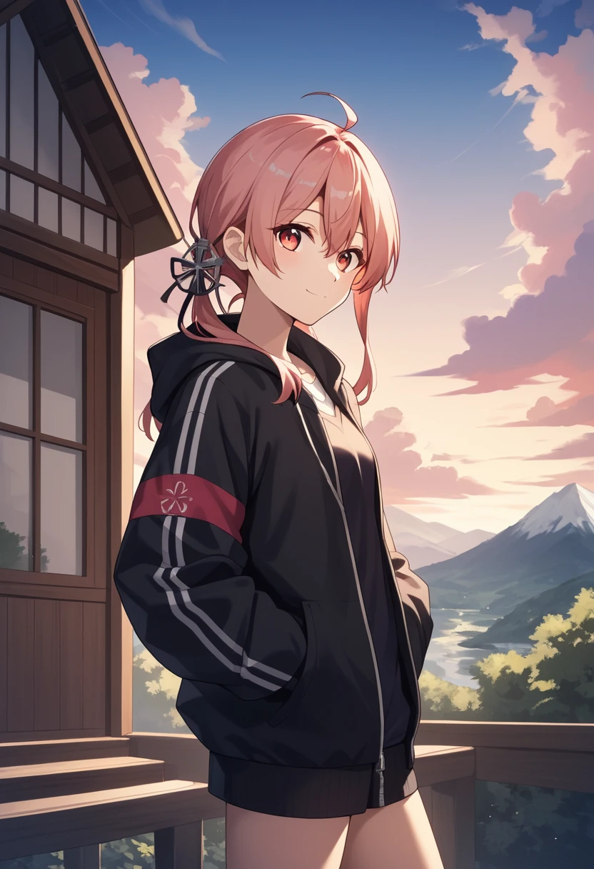 Anime girl standing before a house at pink sunset