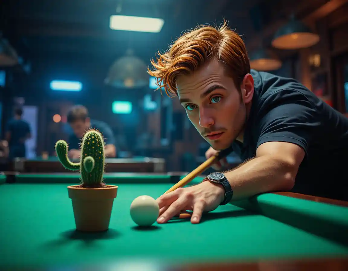 Man playing pool beside a cactus in moody billiards hall