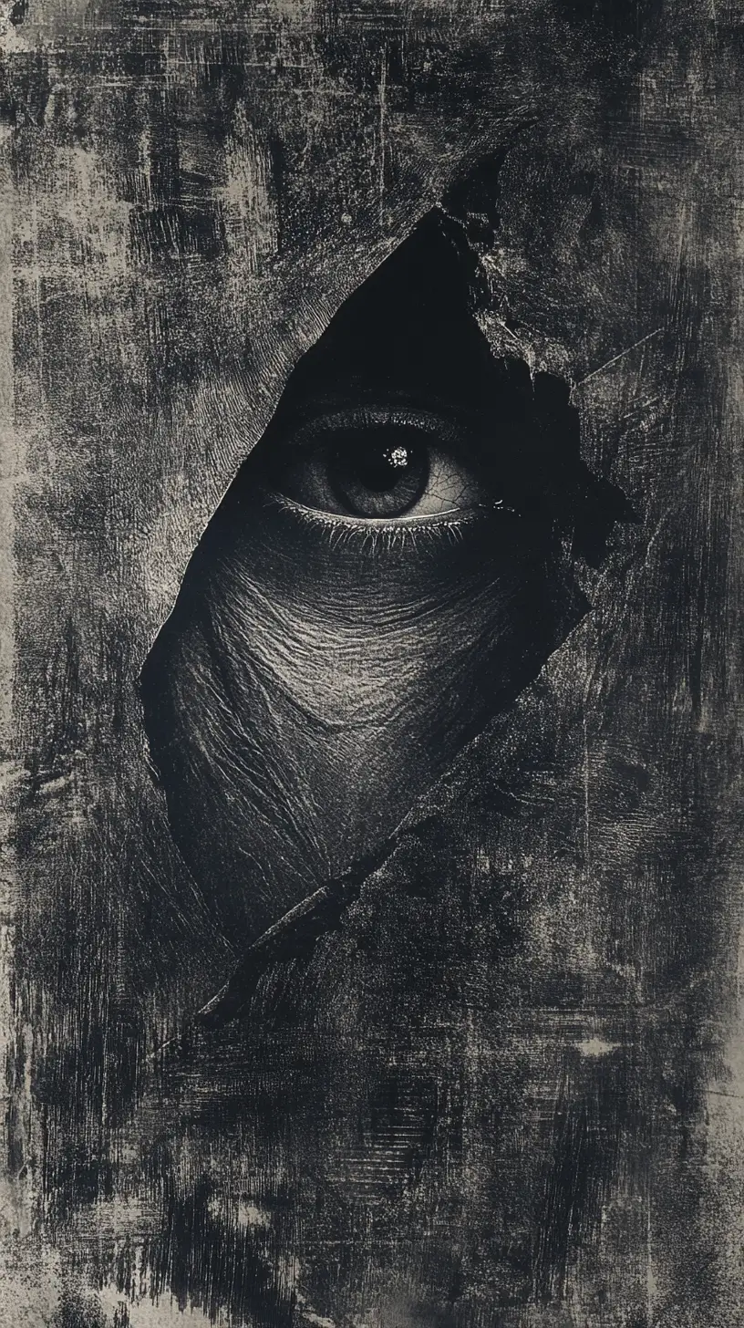 Dark organic textures conceal a single watchful eye