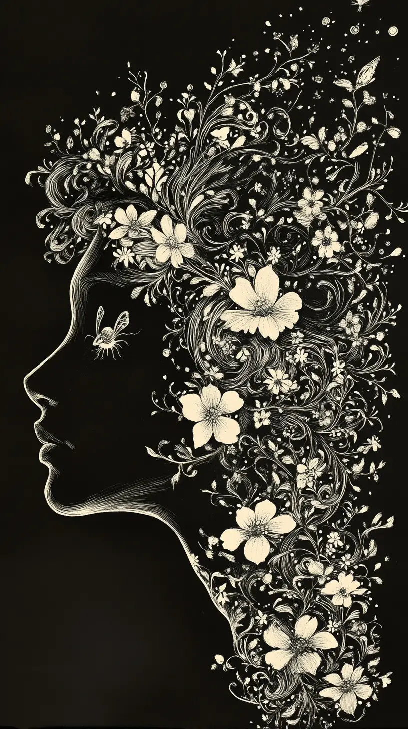 Surreal human face silhouette blooming into a magical world
