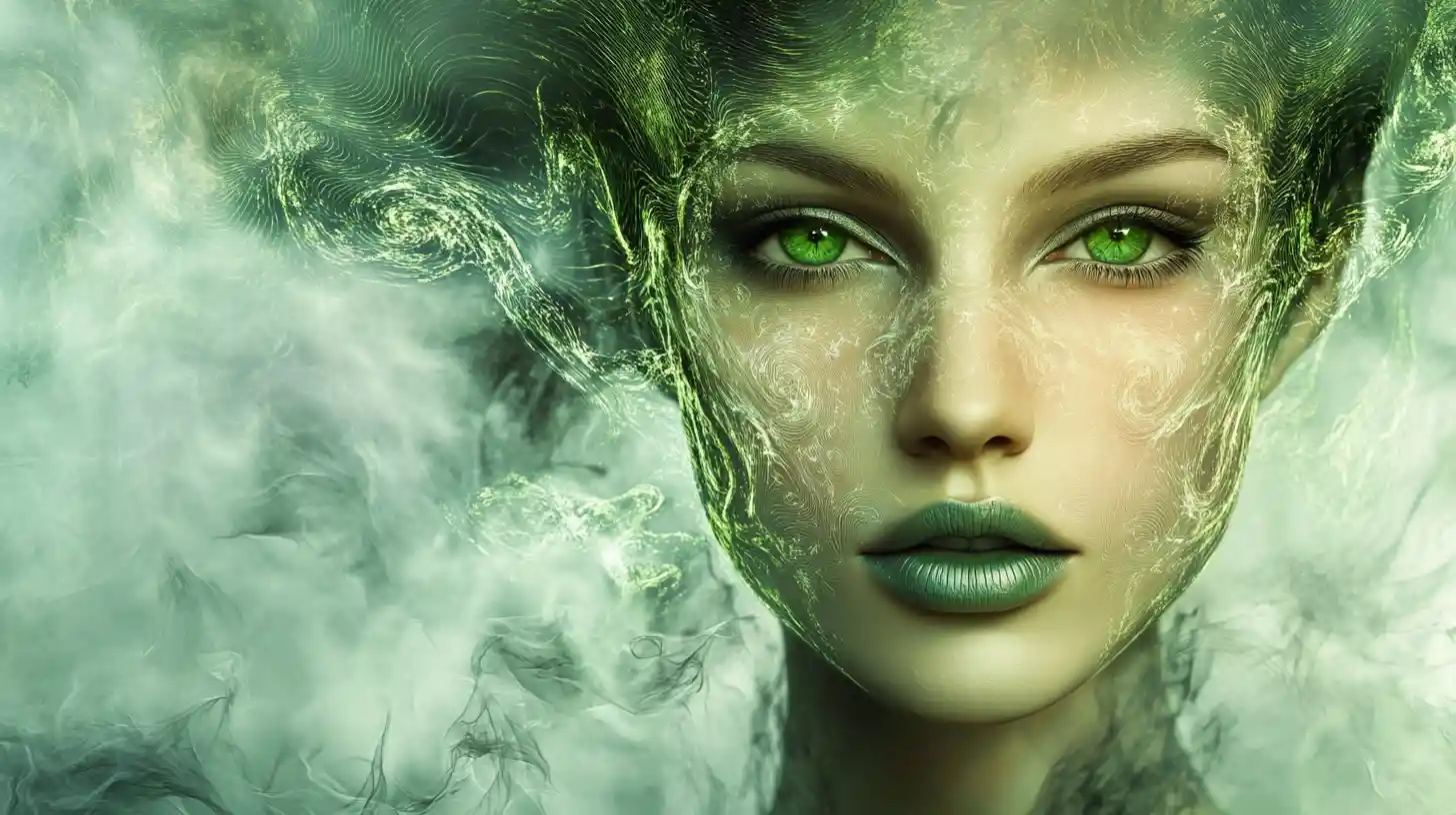 Woman with jade lips in a swirling cosmic portrait