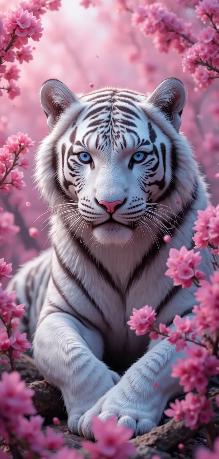 White tiger resting among dreamy pink cherry blossoms