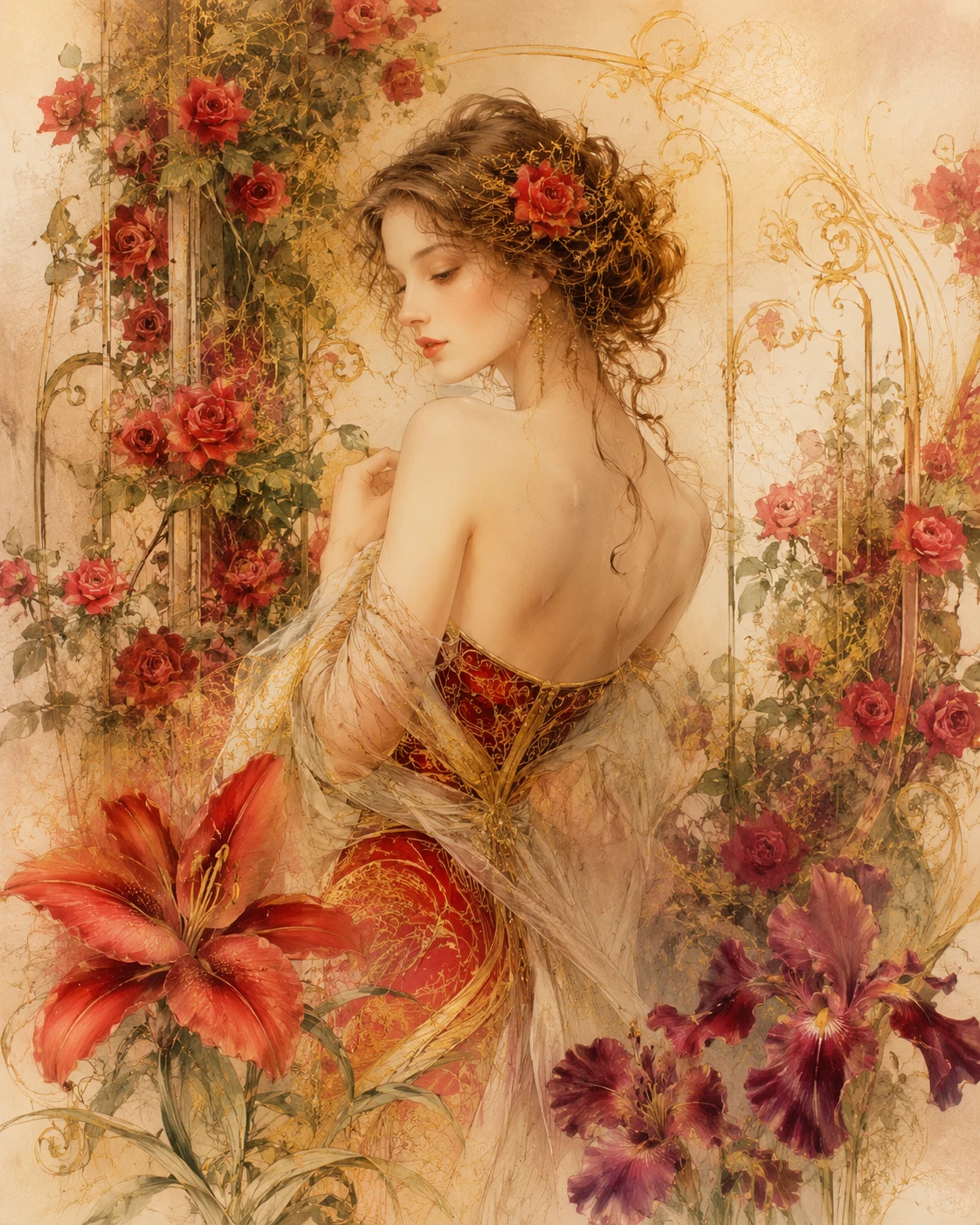 Elegant woman among red roses lilies and iris flowers