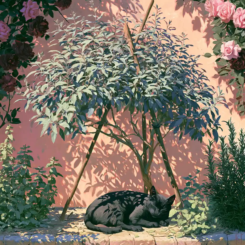 Black cat sleeping under sunlit sage in a garden