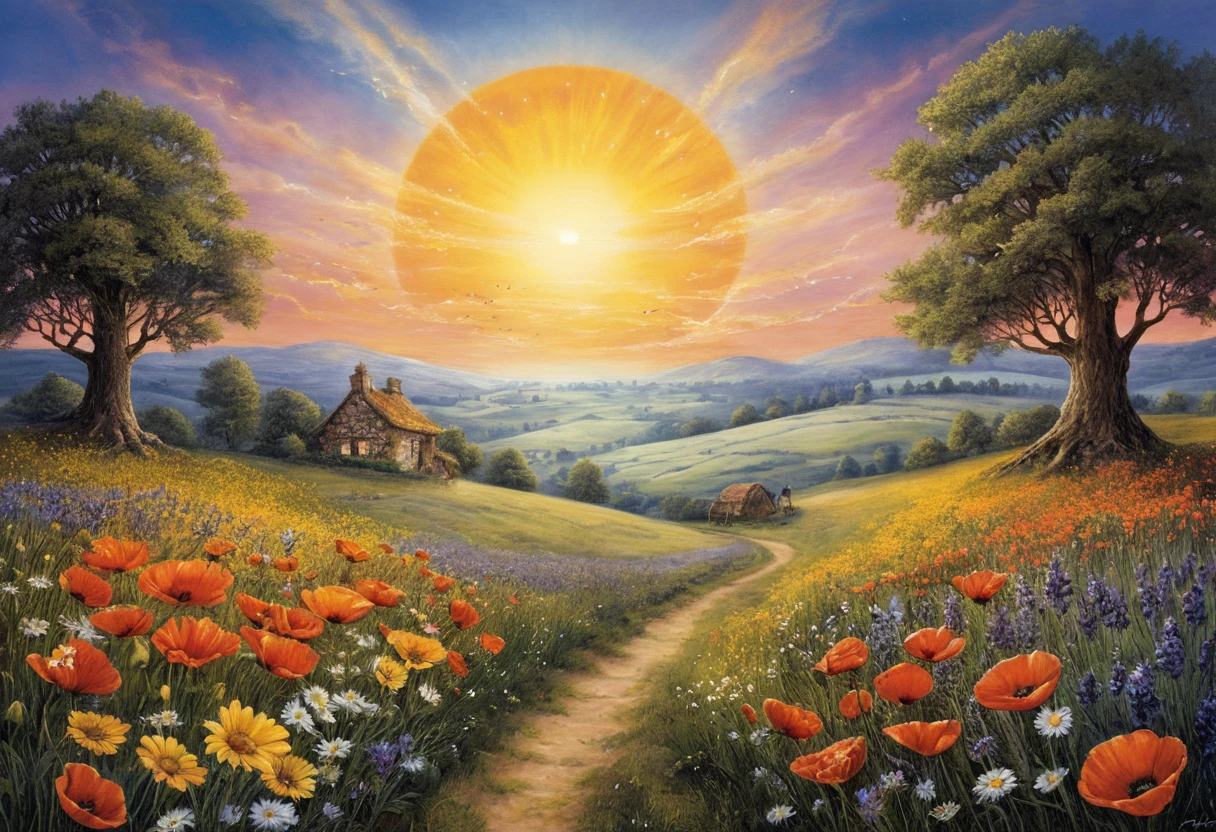 Golden sunrise over a blooming summer wildflower field