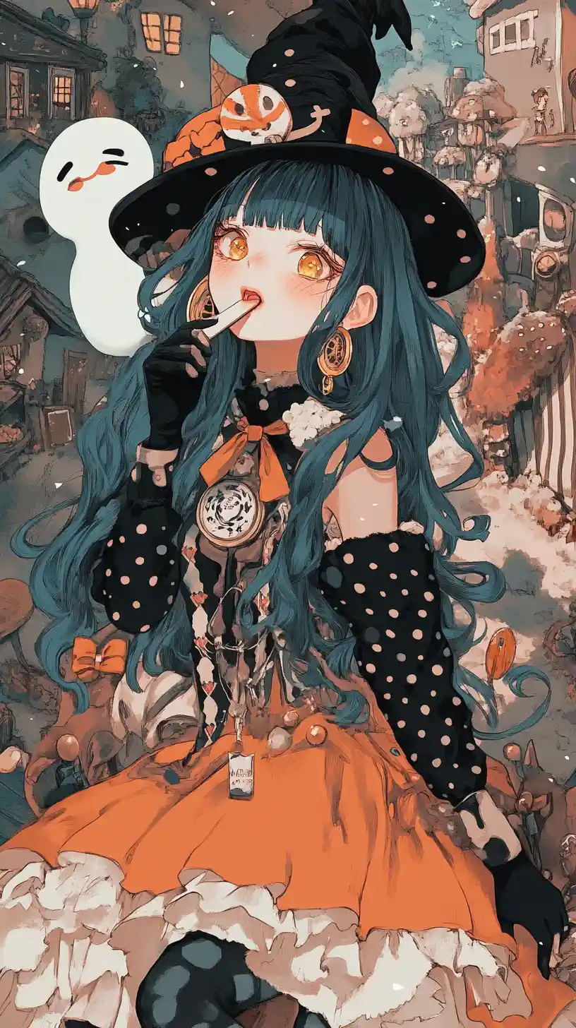 Anime girl licking a knife in a ghostly candy land