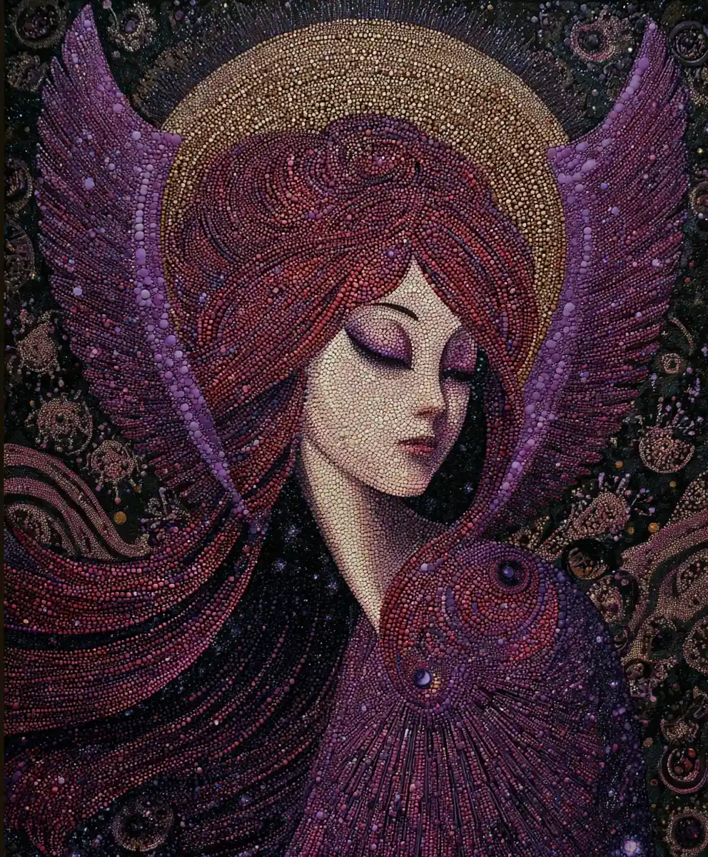 Surreal angelic goddess with vibrant eyes and threadlike body