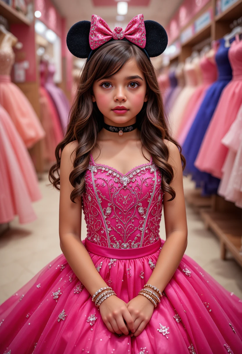 Embarrassed Young Girl In Pink Minnie Dress At Boutique