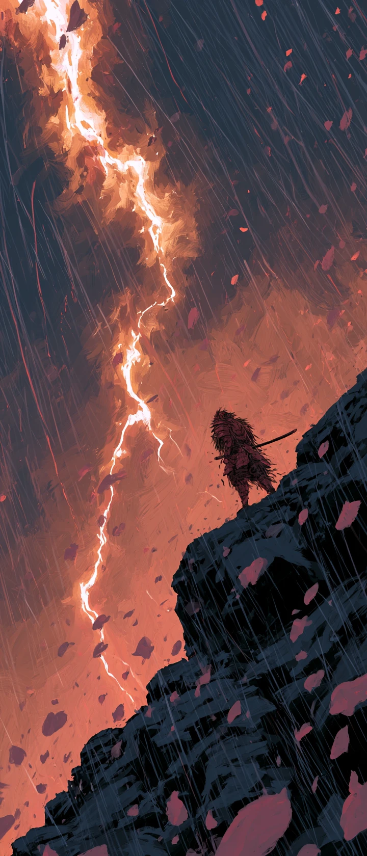 Lone Anime Samurai On Cliff Under Violent Storm Sky