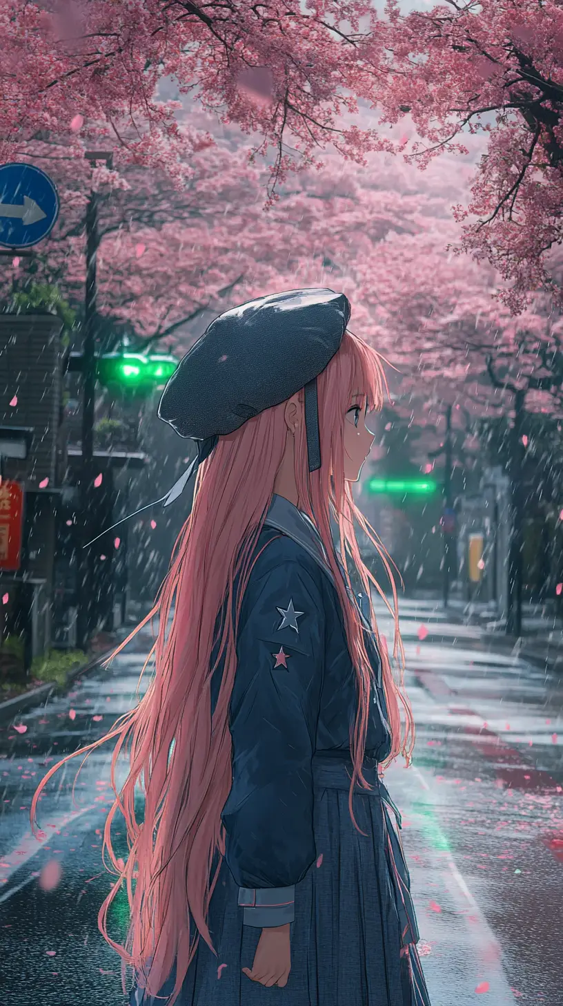 緑に光るコンクリートタワーの前に立つアニメ少女