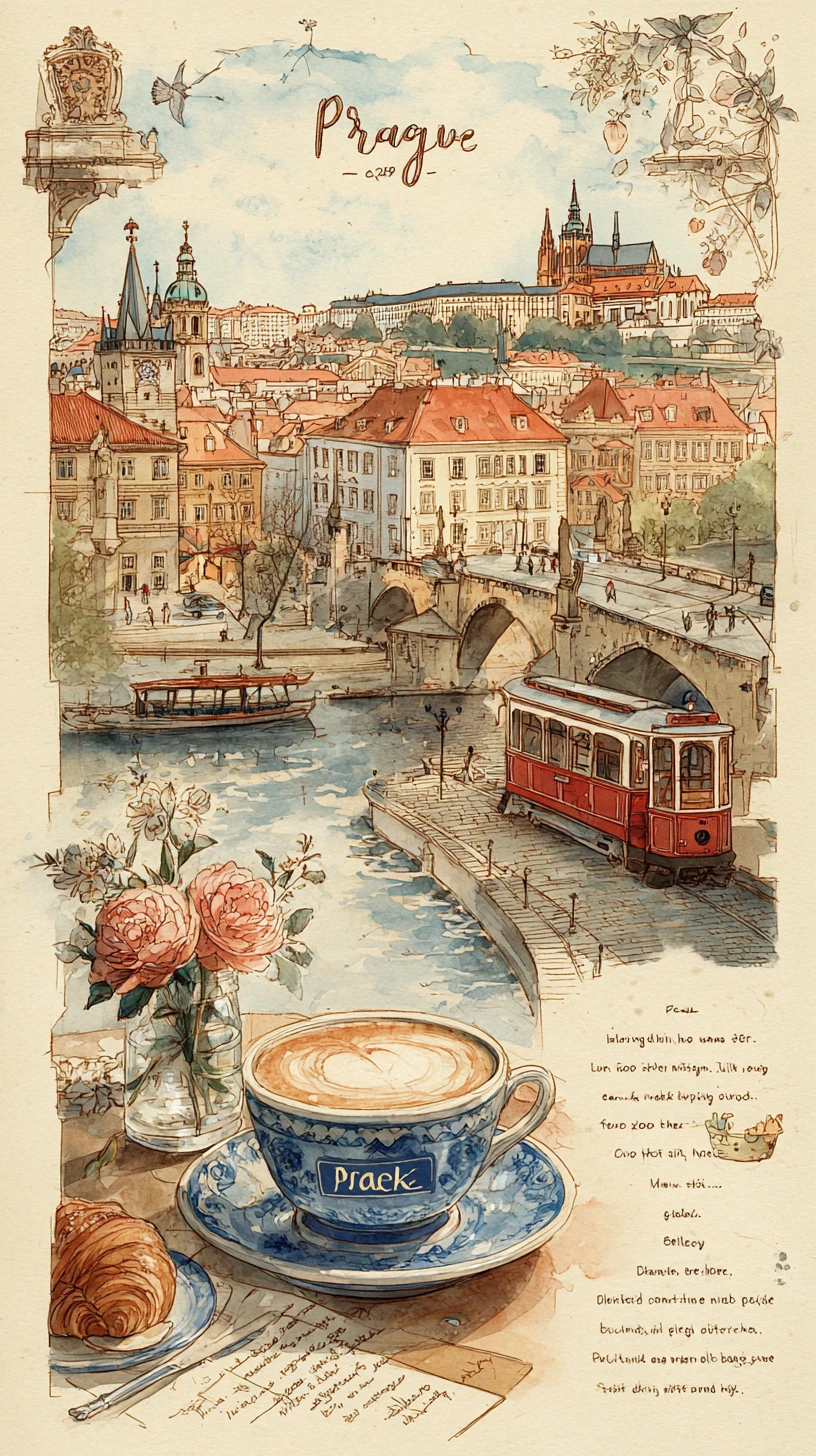 Calle Romántica de Praga en Acuarela con Vista al Puente de Carlos