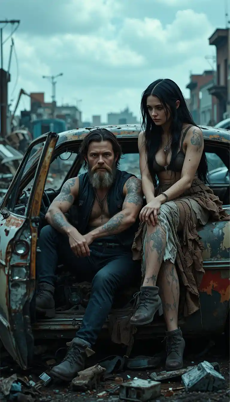 Bearded man and woman in a dystopian junkyard car