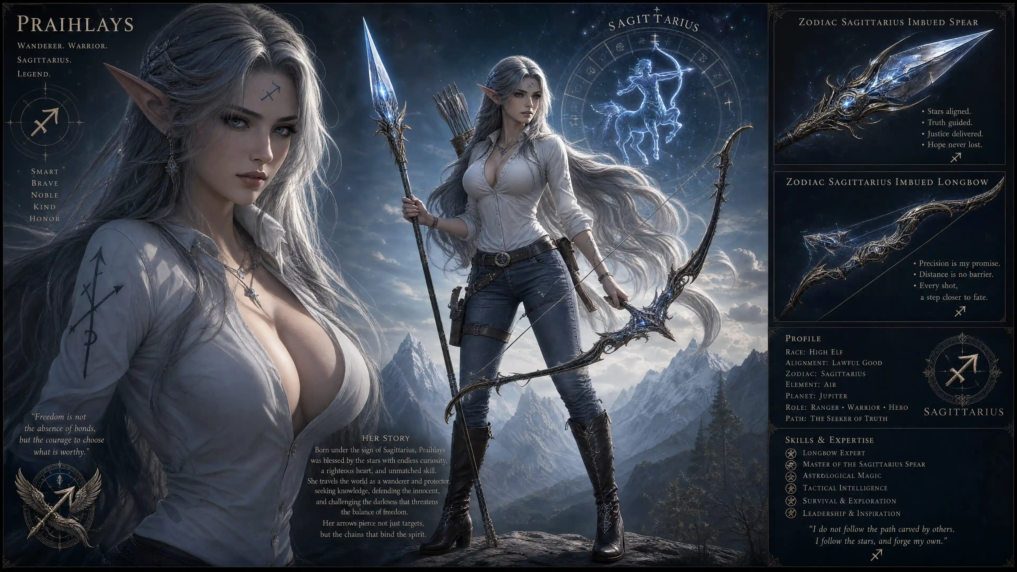 Elegant female elf warrior with spear and longbow