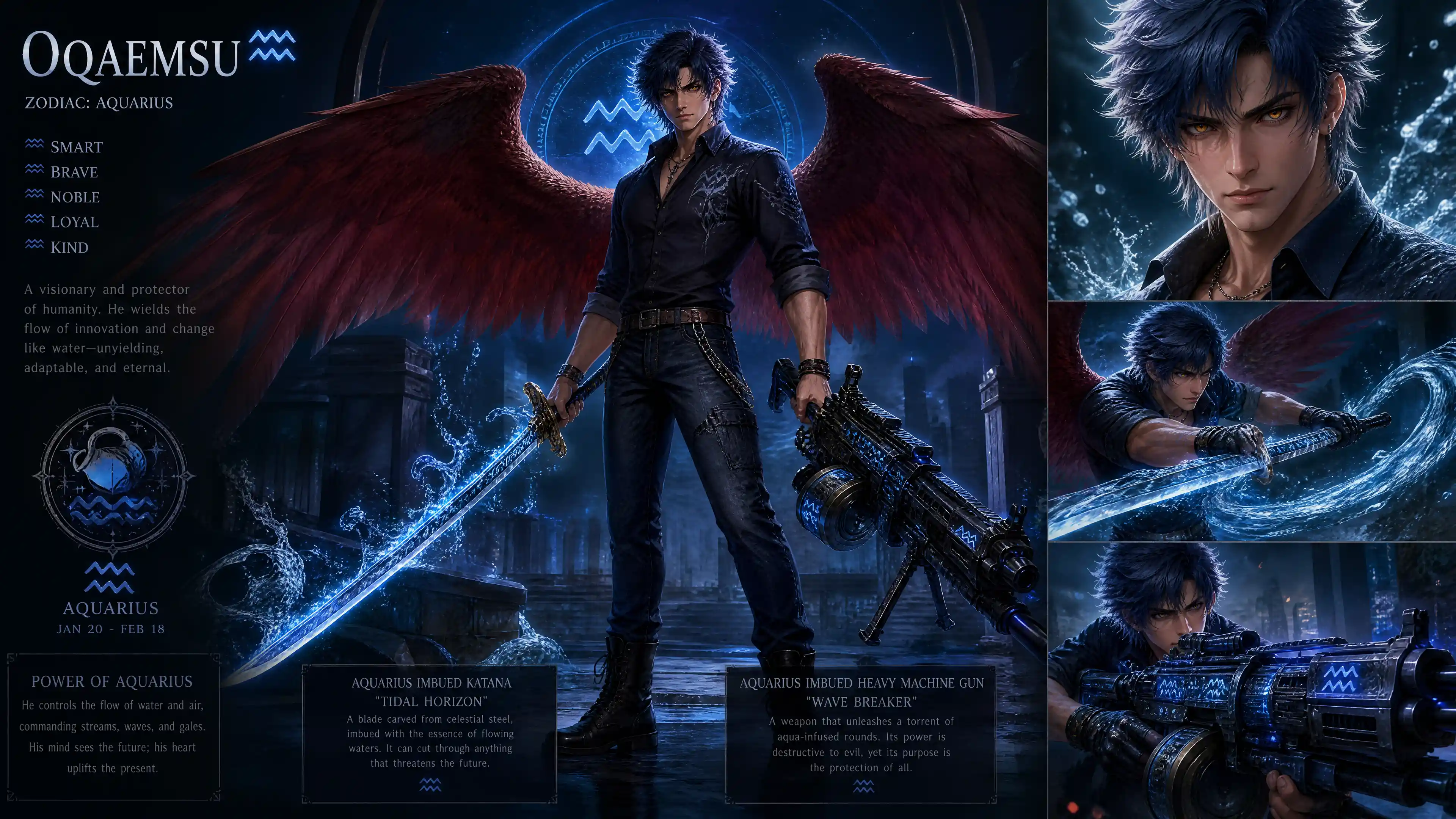 Winged warrior man with falcon wings and glowing aquarius symbols