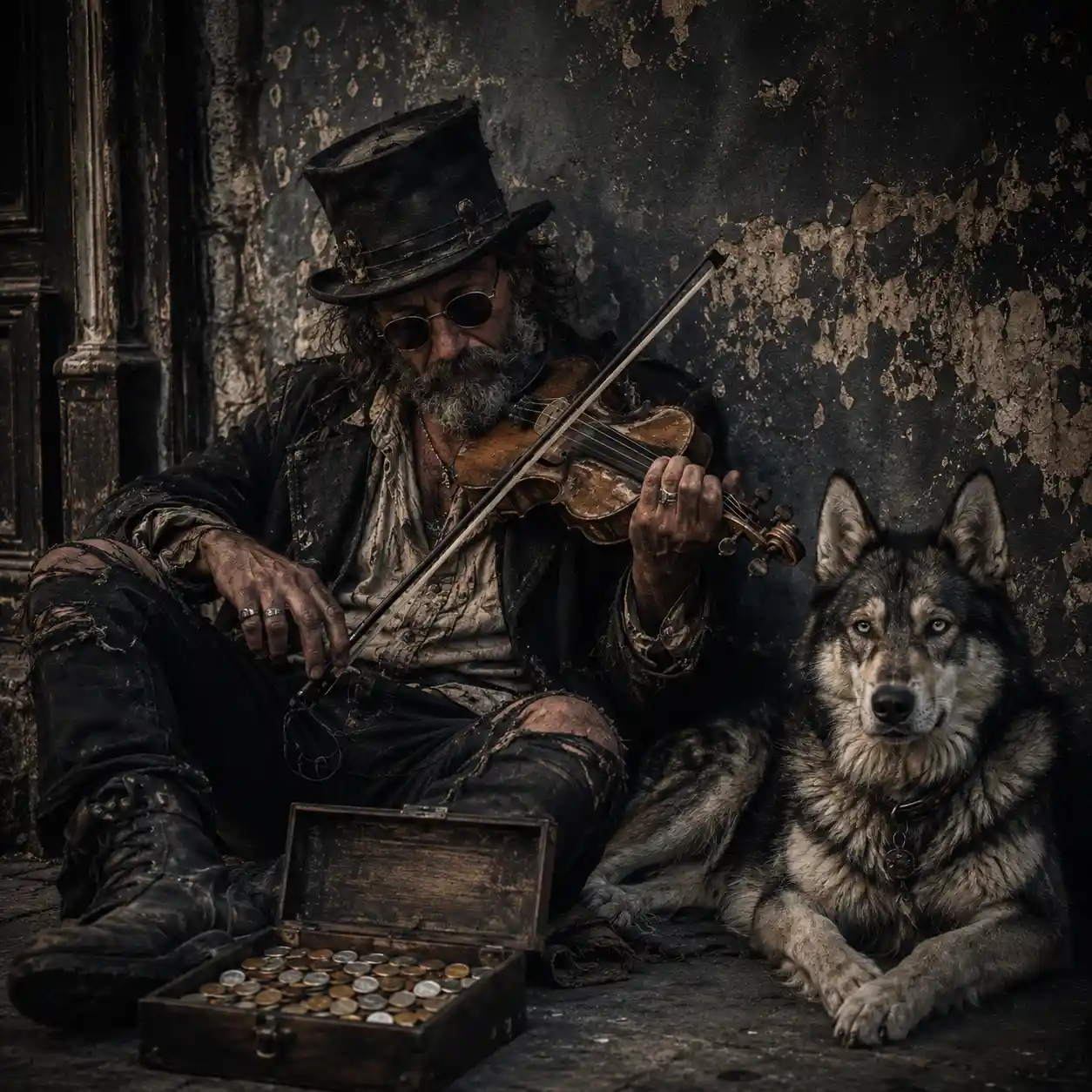 Homeless street musician playing violin beside loyal dog