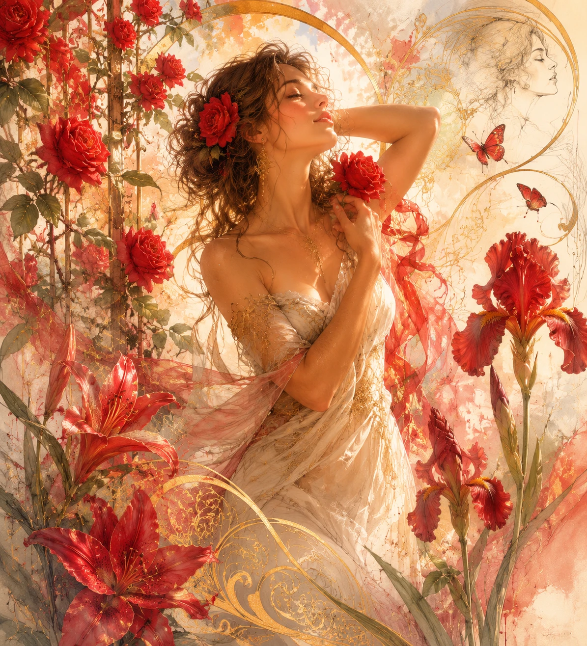 Elegant lady among red flowers in art nouveau moodboard