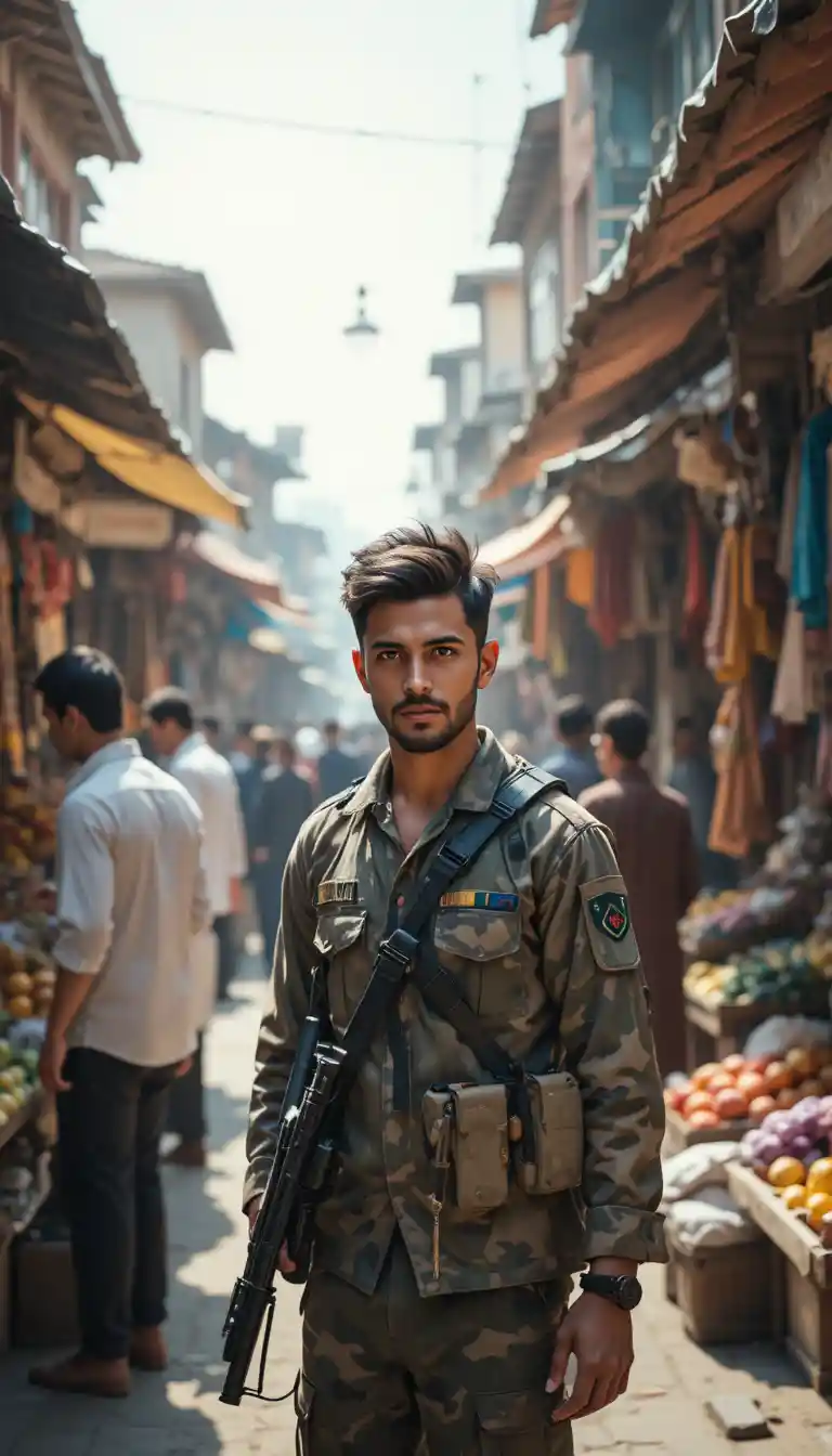 Pakistani soldier walking through a colorful street bazaar