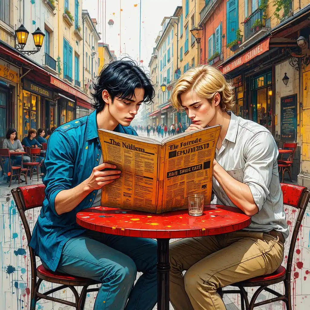Two young men at a red table in a street cafe