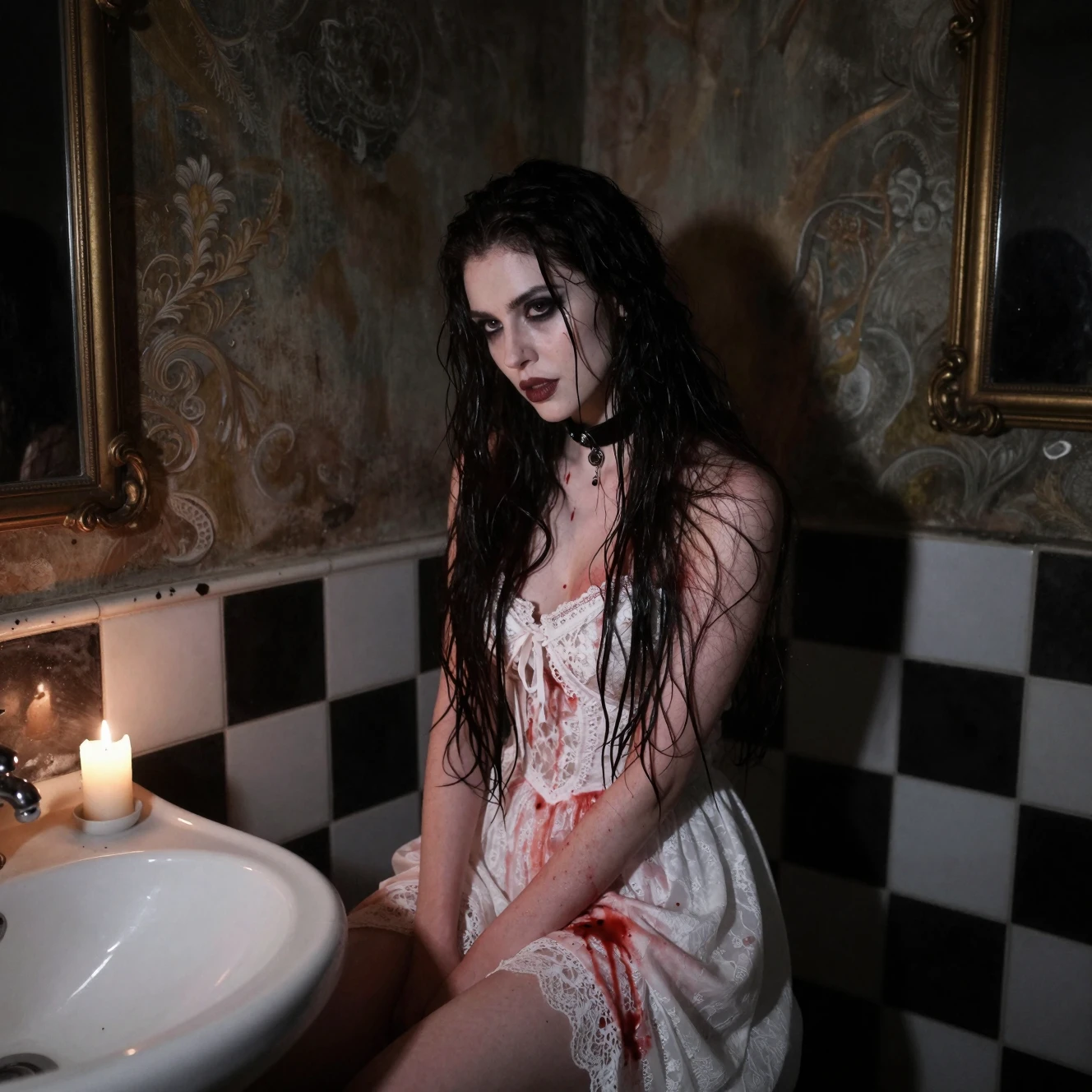 Vampire woman in bloodstained lace dress by candlelight
