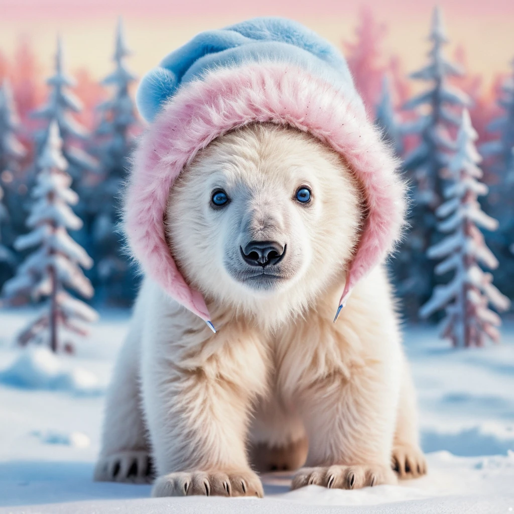 Cute Polar Bear Cub In Pink Winter Hat Illustration