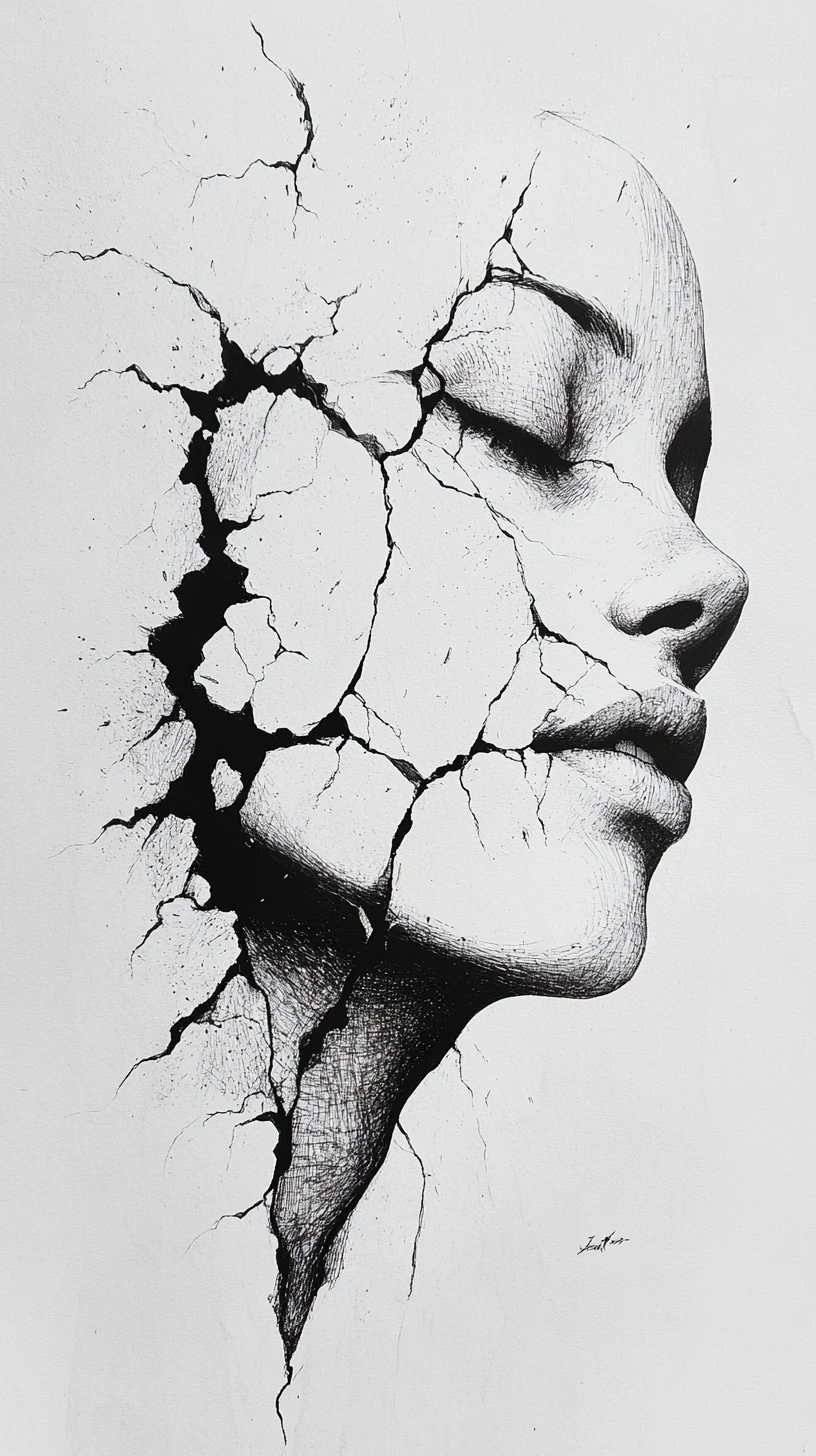 Minimal face silhouette with cracked ink interior