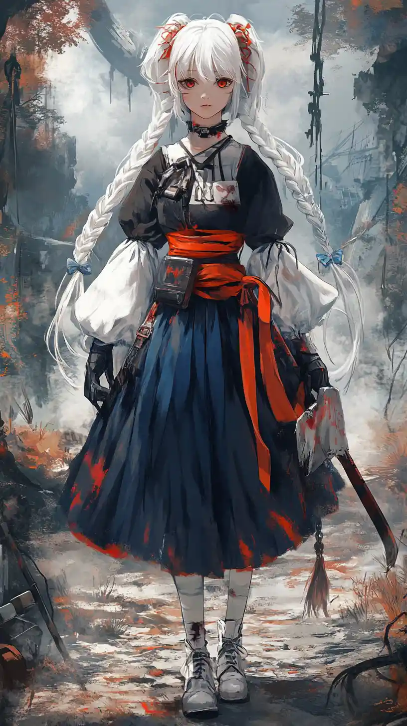 Anime girl with katana standing in a misty forest