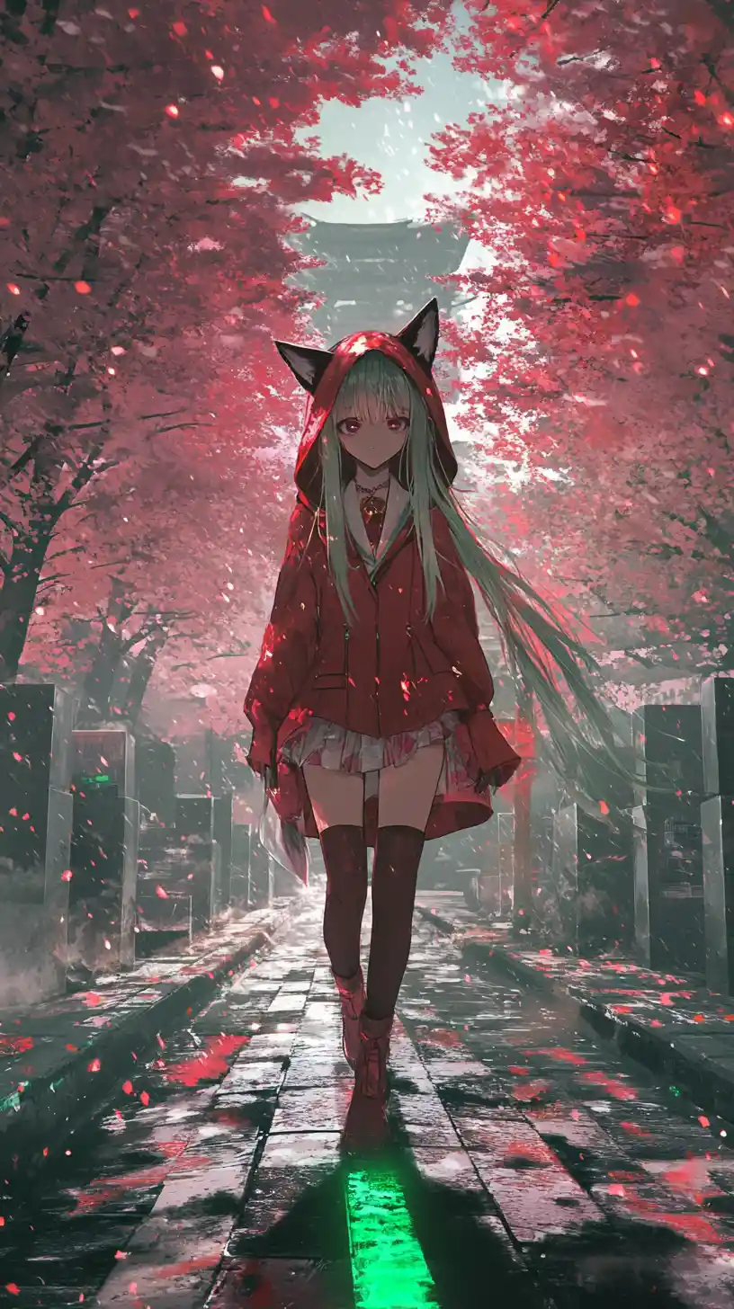 Anime girl before a lit concrete tower in stormy pink trees