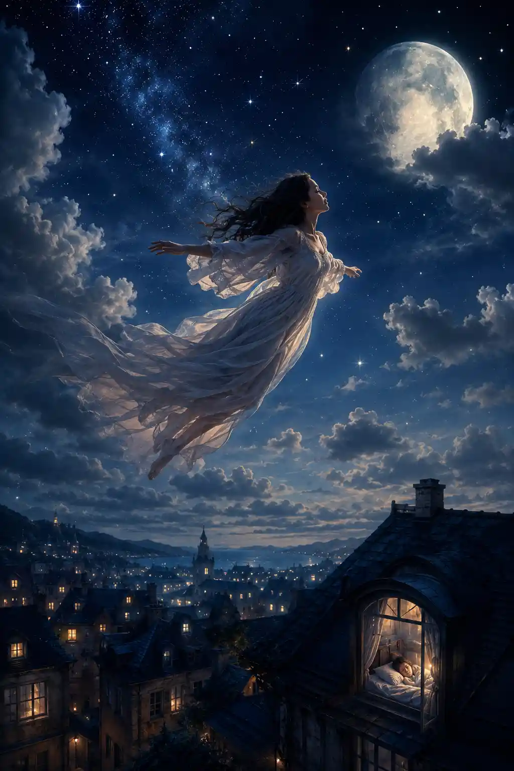 Lonely figure drifting through a boundless dream sky