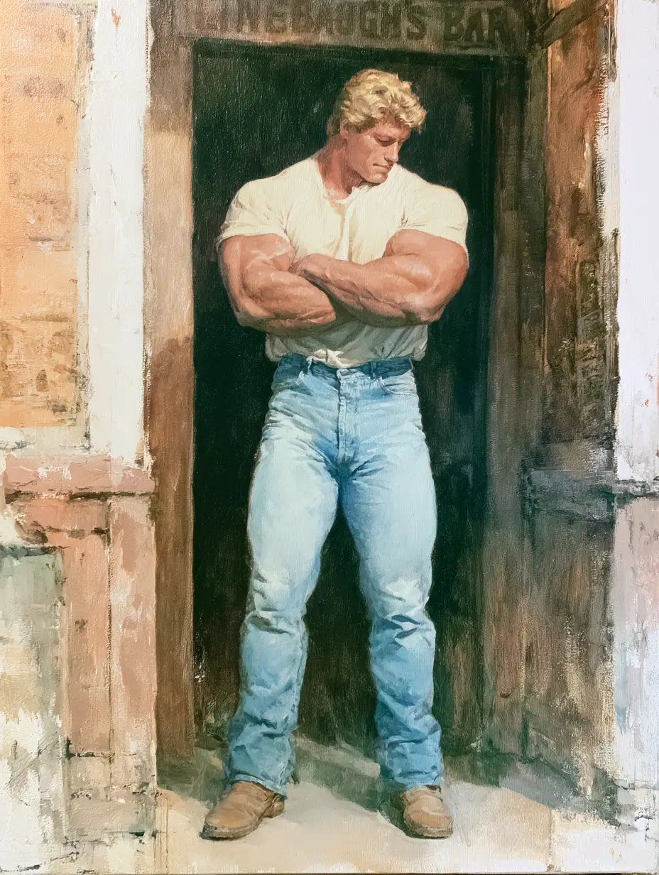 Muscular man in jeans outside a worn urban bar entrance