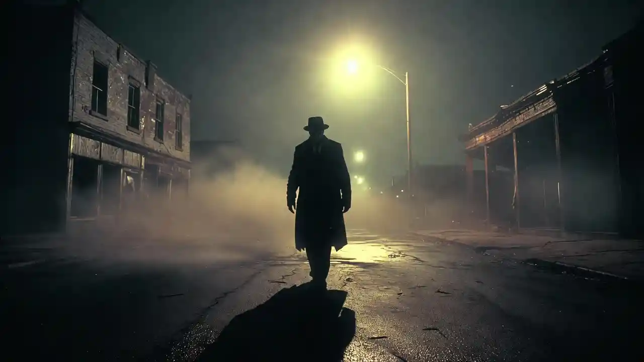 Menacing man on foggy Detroit street under lone streetlight