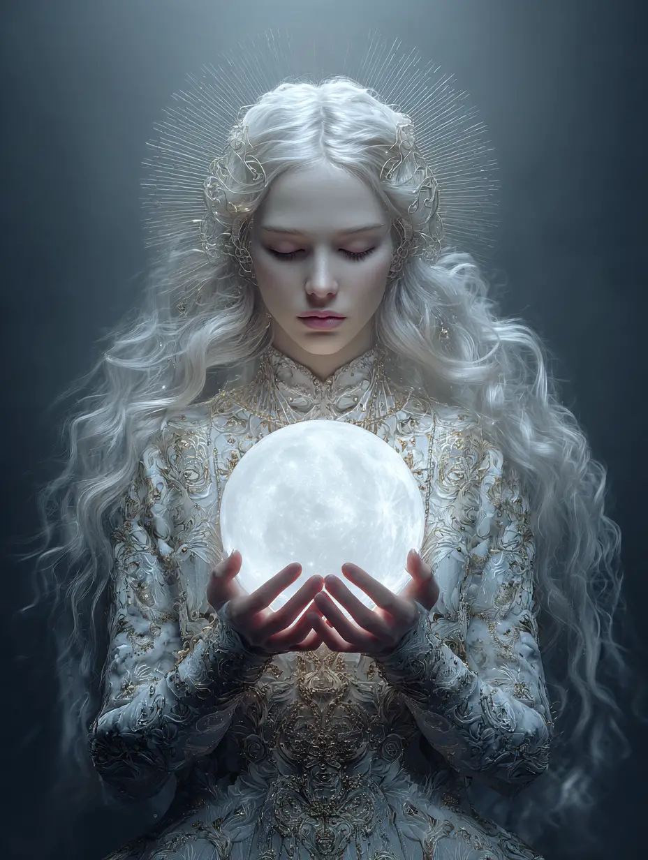 Divine woman holding radiant moon in cosmic galaxy