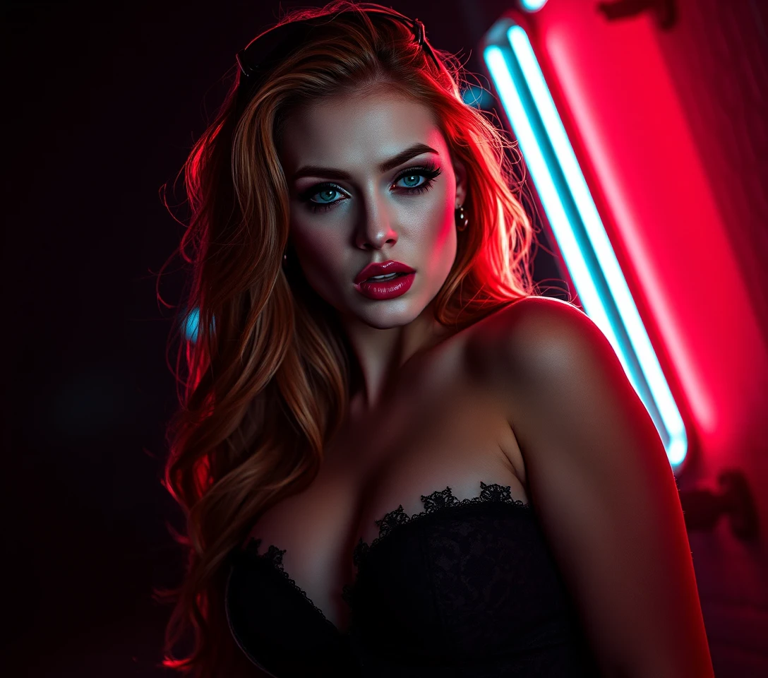 Surreal neon city woman in a dark seductive night scene