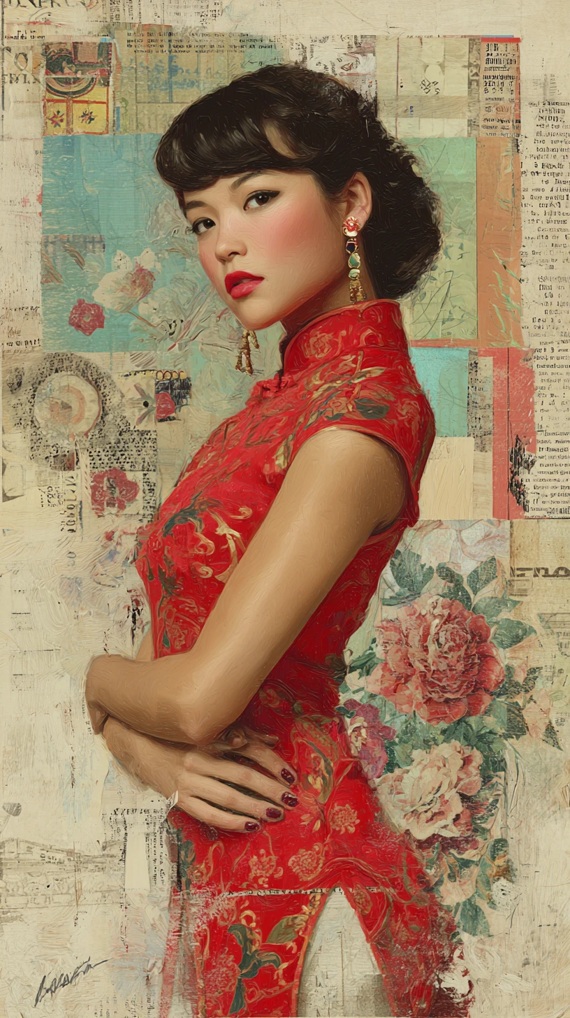 Elegant opera inspired woman in red with abstract florals