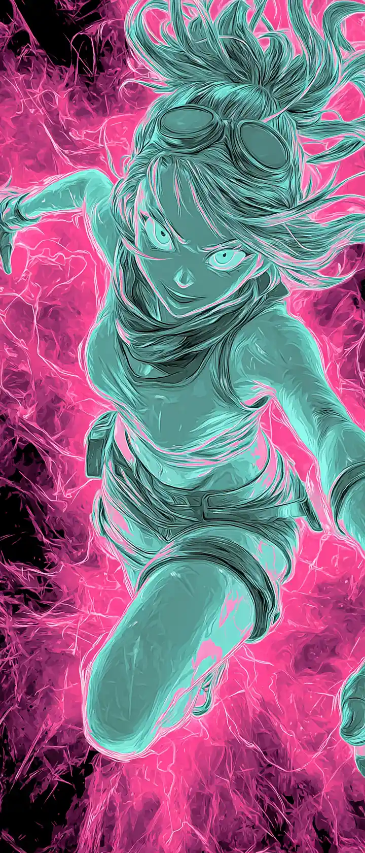 Anime heroine leaping forward in radiant neon solarized energy