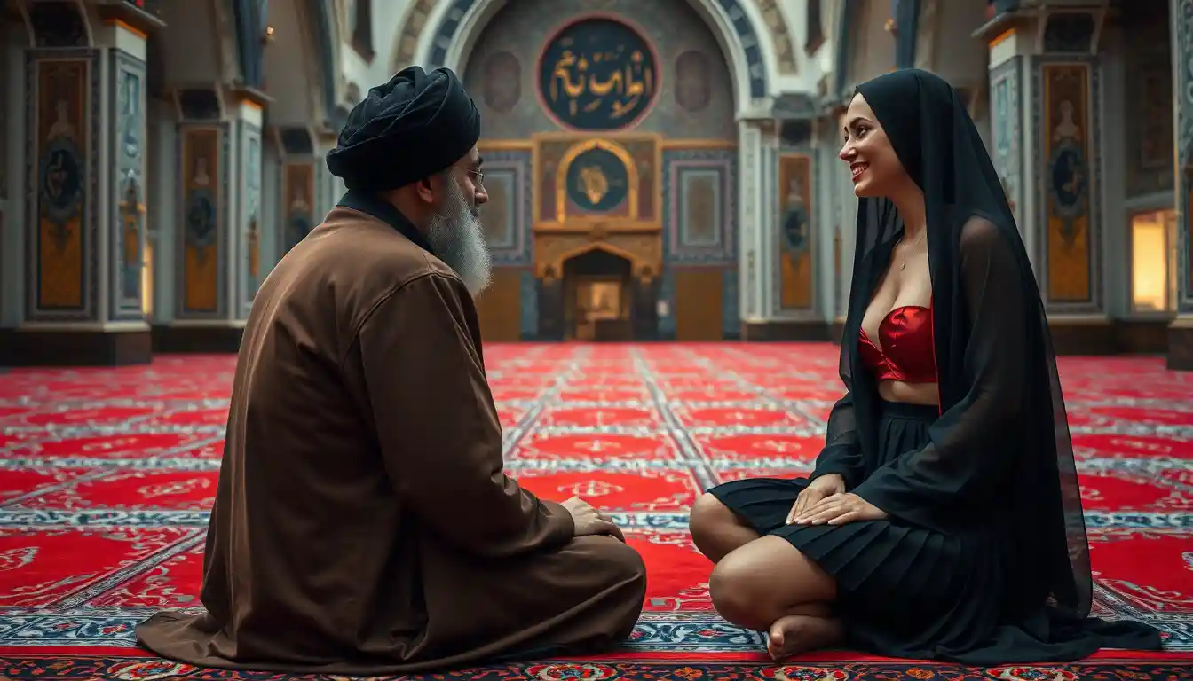 Iranian woman and cleric seated on rugs inside mosque